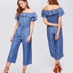 Loft Plus Womens Jumpsuit Chambray Off The Shoulder Ruffle Plus‎ Size